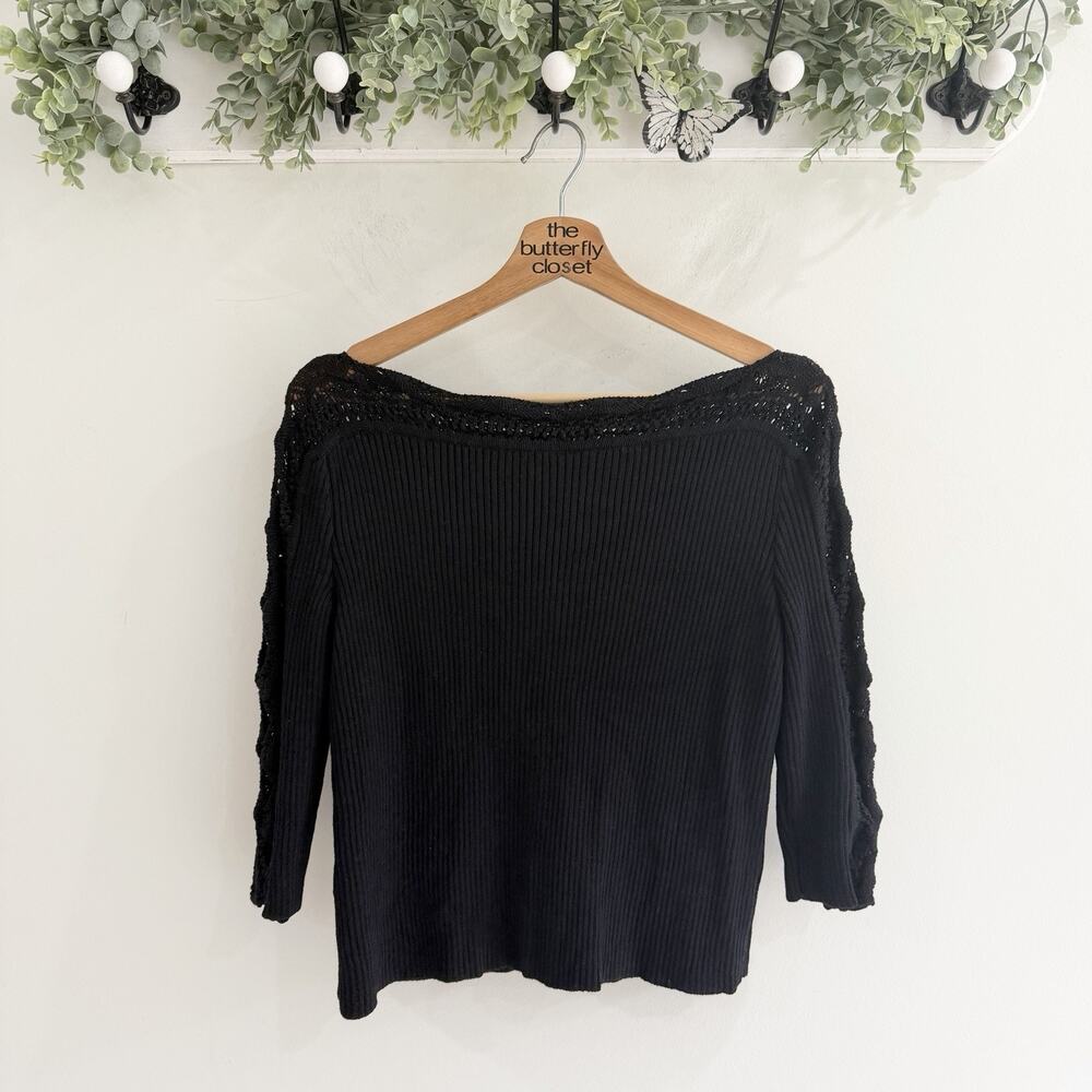 St. John Black Wool Blend Crochet Sleeve Ribbed Boat Neck Blouse Medium Luxury
